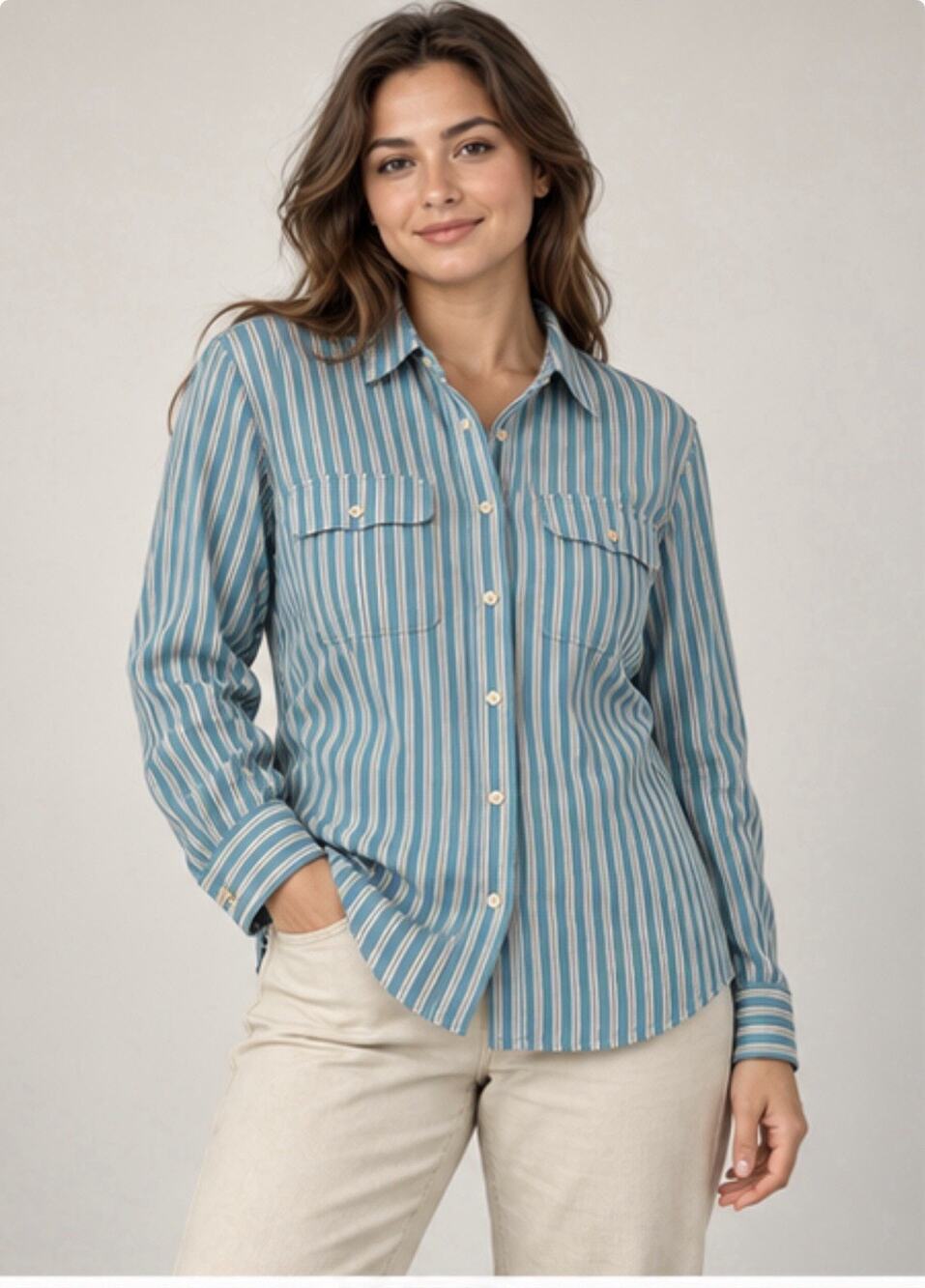 Lauren Ralph Lauren Shirt Womens Large Teal Striped Cotton Button Up Pockets